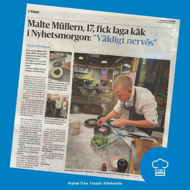 Malte Müllern gjorde TV-debut med att lagade mat i Nyhetsmorgon TV4 förra veckan! 🤩

- "Jag var inte förberedd på att det skulle vara så mycket folk och grejer i studion, och ett schema som vi följde exakt. Jag var nervös hela veckan, men när det väl började rulla kändes det bra", berättar Malte.

🔹 Vad gör du om 10 år, om du får drömma?
- "Oj... då har jag öppnat en krog som liknar @tumult.restaurang, fast utomlands i en storstad".

🔹 Malte läser just nu sista året på Restaurang- och livsmedelsprogrammet på Ystad Gymnasium.

Nyhet publicerad av @ystadsallehanda 

#ystadgymnasium #restaurangochlivsmedelsprogrammet #restaurang #gymnasieval